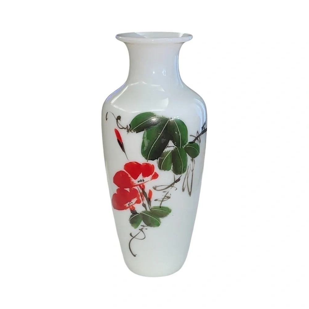 Early 19th Century France,  Opaline Hand Blown,Hand Painted Vases  Green, Red 8”